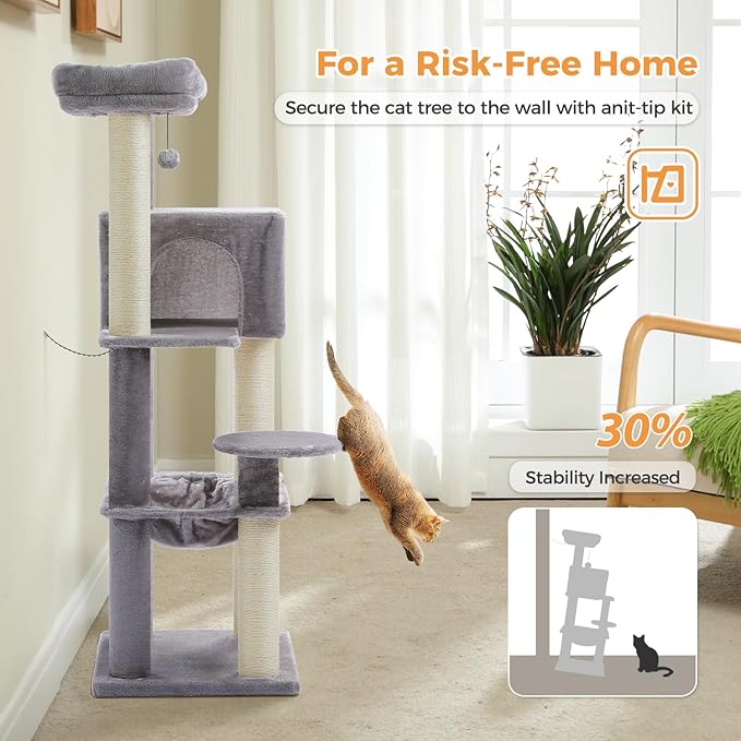 PETEPELA Cat Tree for Large Cats up to 30 lbs, 58" Heavy Duty Cat Tower with Reinforced Scratching Posts[ φ3.1”], Large Hammock, Spacious Condo & Top Perch, Sturdy Cat Furniture for Maine Coons, Grey