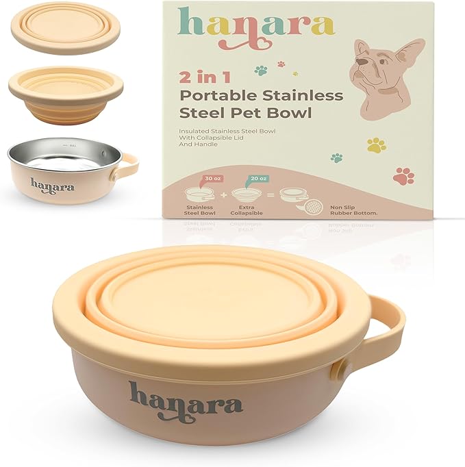 2-in-1 Insulated Dog Bowl with Collapsible Lid & Handle – Stainless Steel, Non-Slip Rubber Base – Portable Pet Water & Food Bowl for Dogs & Cats – 30 OZ + 20 OZ – Indoor & Outdoor (Beige)