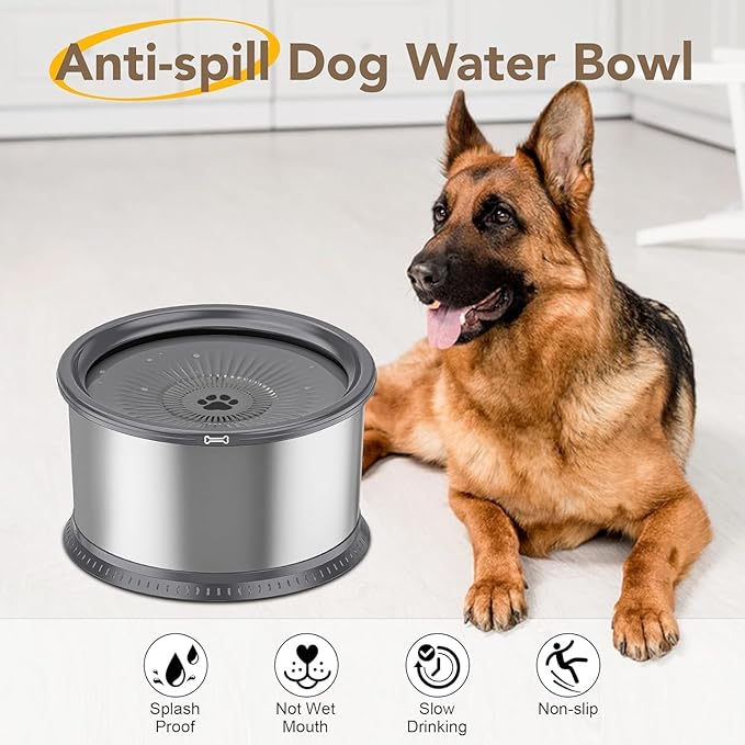 2.5L/0.6Gal Dog Water Bowl, No Spill Stainless Steel Slow Water Bowl for Medium Large Dogs, Large Capacity Splash Proof Dog Slow Water Feeder with Anti-Slip Mat for Mess Drinkers