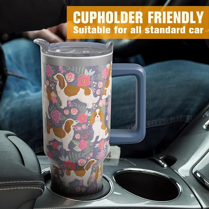 Cavalier King Charles Spaniel Gifts for Women Dog Lovers 40 oz Floral Cavalier King Charles Spaniel Tumblers with Handle and Straw, Stainless Steel Vacuum Insulated Travel Coffee Mug Cup Water Bottle