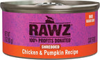 Rawz Natural Premium Shredded Canned Cat Wet Food - Grain Free Made with Real Meat Ingredients No BPA or Gums - 3oz Cans - 18 Count (Chicken & Pumpkin)
