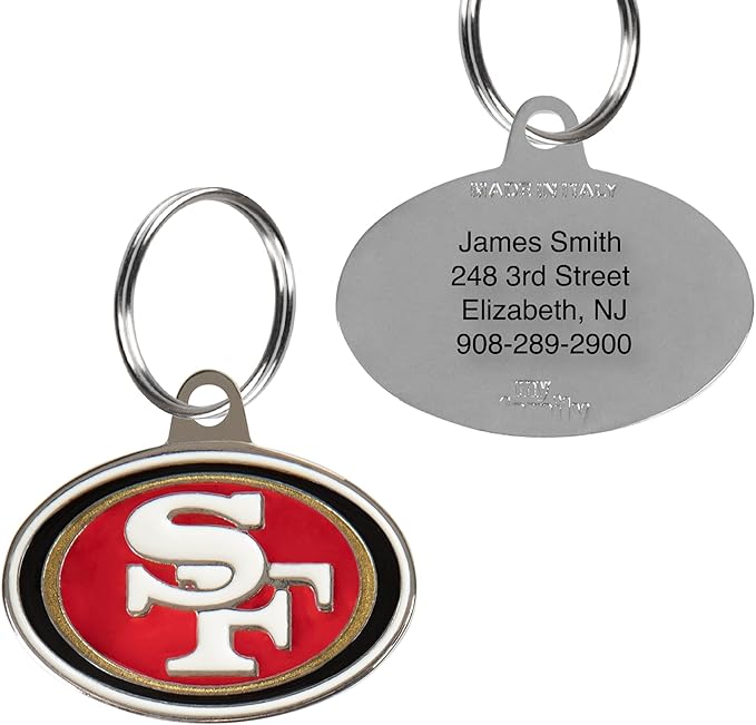NFL San Francisco 49ERS Engraving Pet ID in 32 Team Logo Shapes - Personalized Dog & Cat Tags with 3 Lines of Customizable Text for Tracking & Safety. Stainless Steel ID Tags
