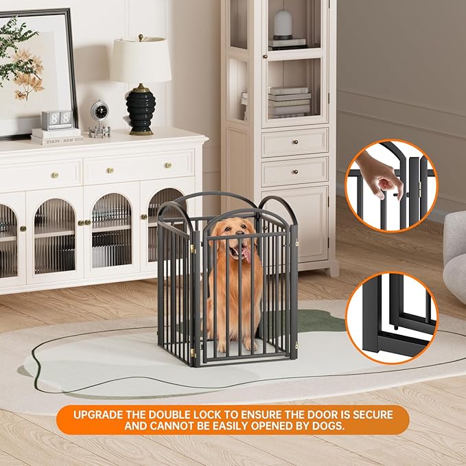 4 Panels Full Matel Freestanding Dog Gates with Door, 96"Extra Wide 32"Tall Free Standing Dog Pet Gate for Indoor & Outdoor. Foldable Pet Fences for Doorways, House, Stairs, Porch, Deck, Yard