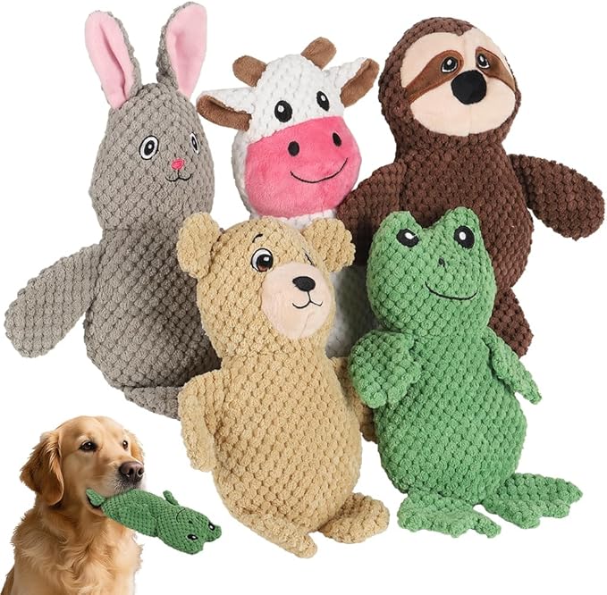 5-Pack Squeaky Dog Toys – Durable Animal-Shaped Plush Chew Toys for Dogs, Handmade Interactive Puppy Toys with Squeaker, Perfect for Reducing Destructive Behavior