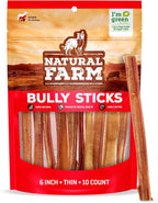 Natural Farm Odor-Free Thin Bully Sticks (6”, 10-Pack) All-Natural Long-Lasting Dog Chews, 100% Beef Pizzle, Grass-Fed, Grain-Free, Protein for Muscle Development & Energy, Perfect for Medium Chewers