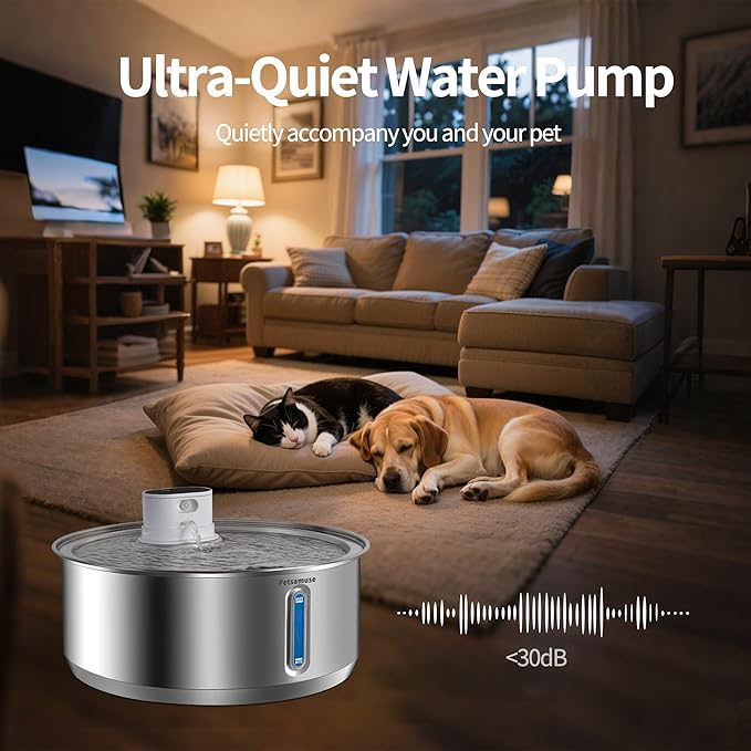 Stainless Steel Large Dog Water Fountain, 2.1Gal/8L Wireless Battery Operated Large Dog Water Bowl Dispenser Motion Sensor Water Fountain Bowl Inside with 13 Filters and 2 Ultra Quiet Pumps