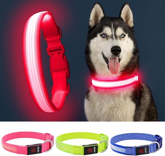 YFbrite Light up Dog Collar, USB Rechargeable LED Puppy Collar Super Bright Adjustable Glowing Dog Lights for Night Walking (Design 2- Pink, Medium)