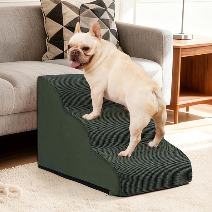 3-Step Dog Ramp and Stairs for Sofa and Chair - Non-Slip Sturdy Pet Steps for Small Dogs and Cats,15.7" H,Green