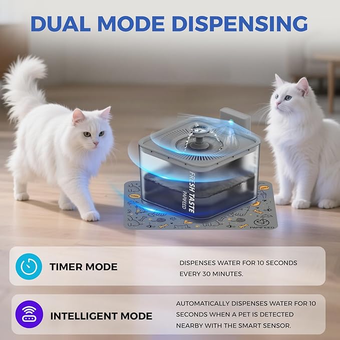 PAPIFEED Wireless Cat Water Fountain, 106oz/3L Battery Operated Pet Water Fountain Cordless for Cats Indoor, Automatic Cat Drinking Dispenser with Motion Sensor, Leak-Proof Silicone Pad Included Grey