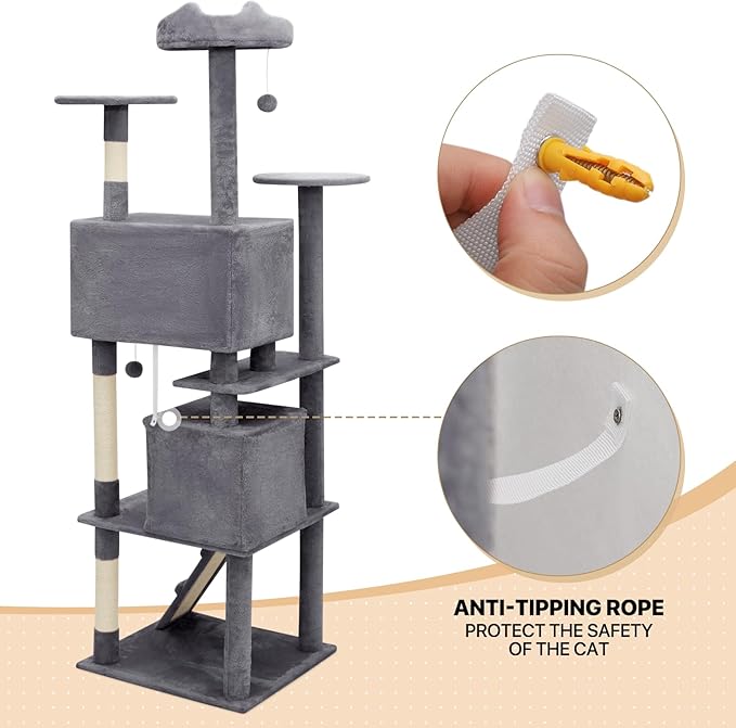 MoNiBloom Cat Tree, 77 Inch Cat Tree Tower with 2 Condo, Tall Cat Tower with Scratching Post, Cat Climbing Tower, Cat Tree for Indoor Cats, Smoky Grey