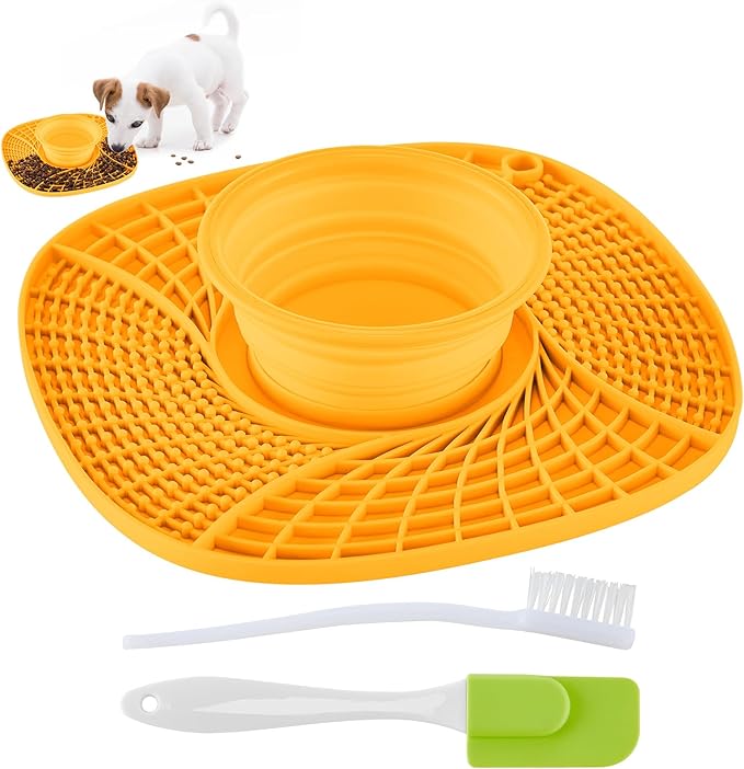 Lick Mat for Small Dogs and Cats with Suction Cups, Silicone Slow Feeder Lick Pad with Collapsible Bowl for Anxiety Relief, Pet Puzzle Treat Mat for Bathing Grooming Trimming (Yellow)