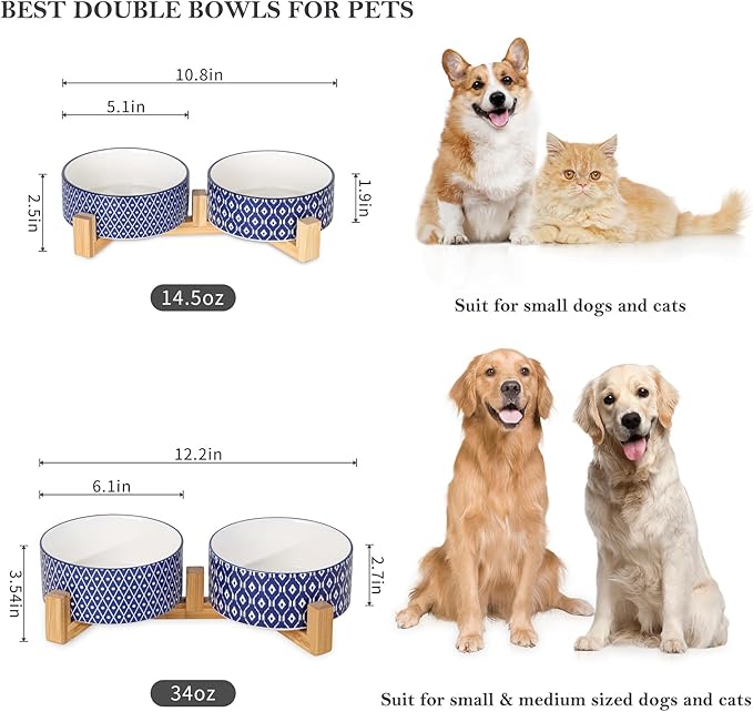 Selamica Ceramic 30 OZ Dog Bowls, Dog Food and Water Bowls with Wooden Stand, Anti-Slip Dog Dishes Set for Cats Small & Medium Sized Dogs, Weighted Pet Bowls Set of 2, Vintage Blue A
