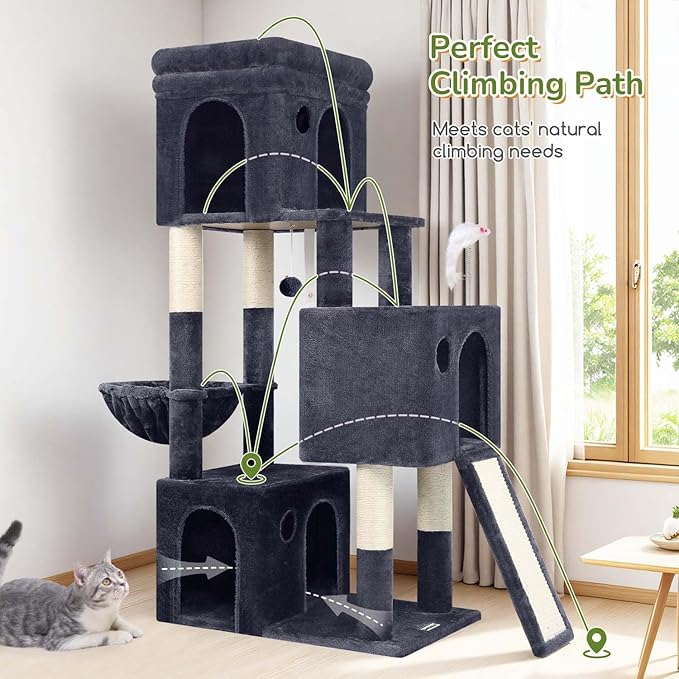 Globlazer Cat Tower for Indoor Cats, 52in Multi-Level Heavy Duty Cat Tower with 4 Scratching Posts, Ladder, Sturdy Cat Tree with 3 Cat Condos for Adult Cats Kittens, Hanging Basket, F52B, Dark Grey