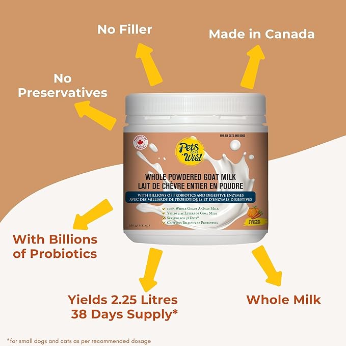Pets Gone Wild Goat Milk Powder, Non-GMO, Picky Eater Friendly, Liquid Gold High Protein Supplement for Gut Health, Immunity & Hydration Ideal as Milk or Food Topper, Made in Canada