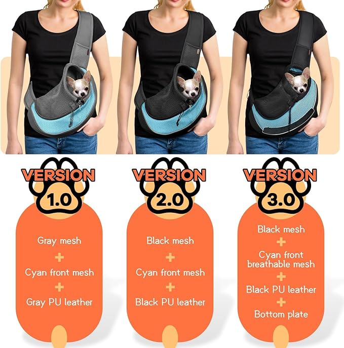 YUDODO Pet Sling Carrier for Small Dogs & Cats – Hands-Free Puppy Carrier with Safety Hook, Large Zipper Pocket, Soft Breathable Mesh, Adjustable Strap & Reflective Strip (Cyan 2.0 M)