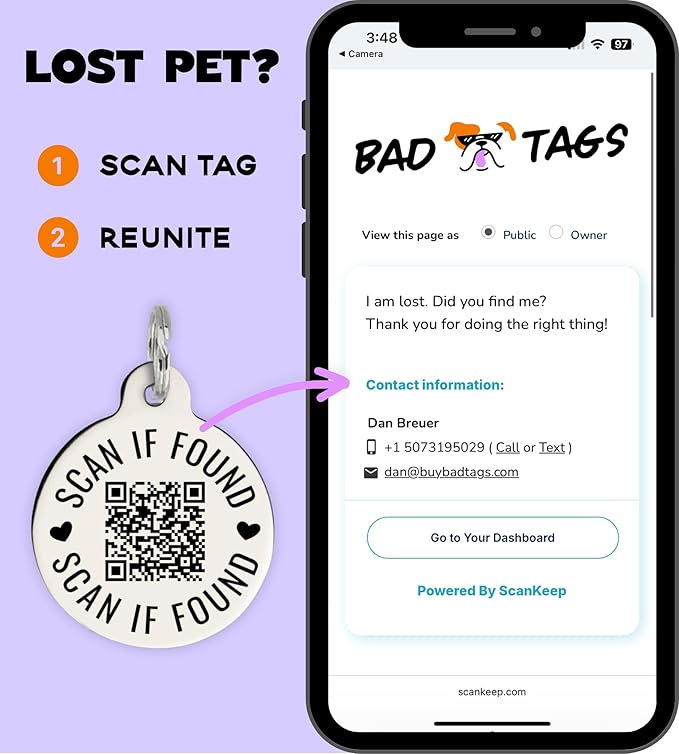 Personalized QR Code Dog Tags - Choose from 25+ Tag Designs - QR Code Links to Your Profile - Unique, Cute, Funny, Sassy Pet ID Tag (Pretty Muther Fluffer, Large (1.25 inch))