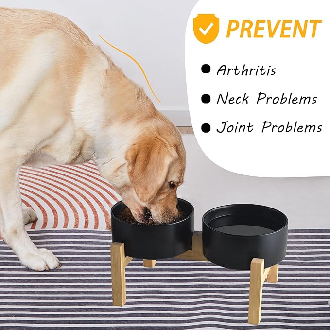 Raised Ceramic Dog Bowl Set - Elevated Dog Bowls with Non Slip Bamboo Stand, Food and Water Bowl Set for Small and Medium Breed Dogs, Pet Bowls, Weighted Dogs Dishes (6'', 2 * 30OZ, Black)