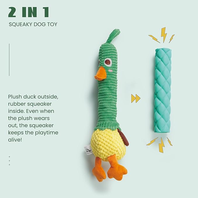 Nocciola 2 in 1 Duck Dog Toy with a Large Rubber Squeaker - Durable Stuffed Squeaky Crinkle Chew Toys for Aggressive Chewers, Medium and Large Breeds