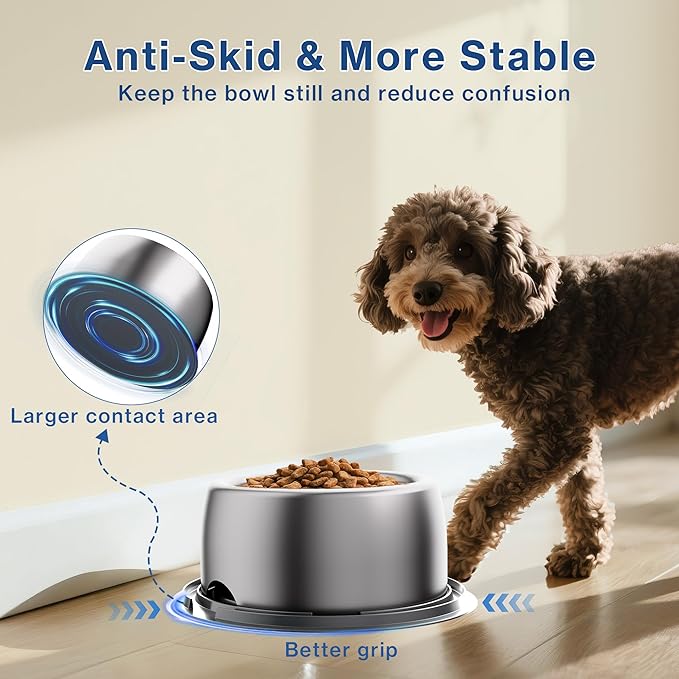 304 Stainless Steel Dog Bowls, Heavy Duty Dog Food Bowl with Extra Strong Non-Slip Mat, Thick Metal Base Water Bowl with Lick Mat for Small, Medium Dogs & Cats, Indoor/Outdoor (13.4 oz)