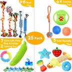 Dog Toys 25 Pack for Fun and Teeth Cleaning, Puppy Chew Toys Pack with Squeak Plush Toy,Squeaky Toy Balls,Tug of War and Rope Toys for Puppy to Small Dogs
