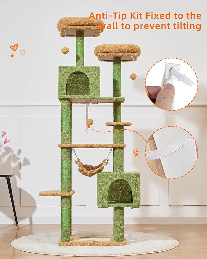 Taoqimiao Cat Tree, 68-Inch Cat Tree Cat Tower for Indoor Cats, Plush Multi-Level Cat Condo with 6 Scratching Posts, 2 Perches, 2 Caves,Hammock, 3 Pompoms,MS020ST Cactus