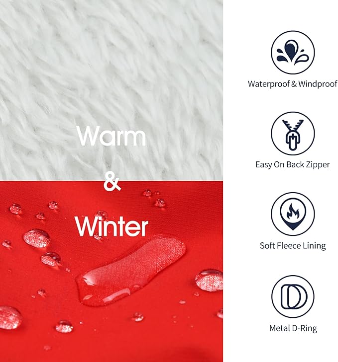 IECOii Dog Coat with Harness Built in - Red, Large - Waterproof Winter Coat, Fleece Lined Snow Jacket for Dogs