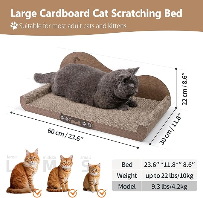 NATUYA Cat Scratcher Cardboard Lounge Bed, 24 Inch Large Cats Scratching Board Couch, Durable Cat Scartch Pad for Indoor Cats