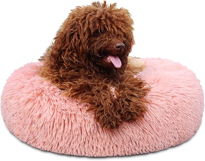 Pink Dog Bed for Small Dogs Machine Washable, Calming Bed for Puppy with Anxiety,19 Inch Round Donut Cute Soft Plush Cuddler Girl Dog Bed for small size dogs with Fluffy Faux Fur,Fits Under 10 lb Pets