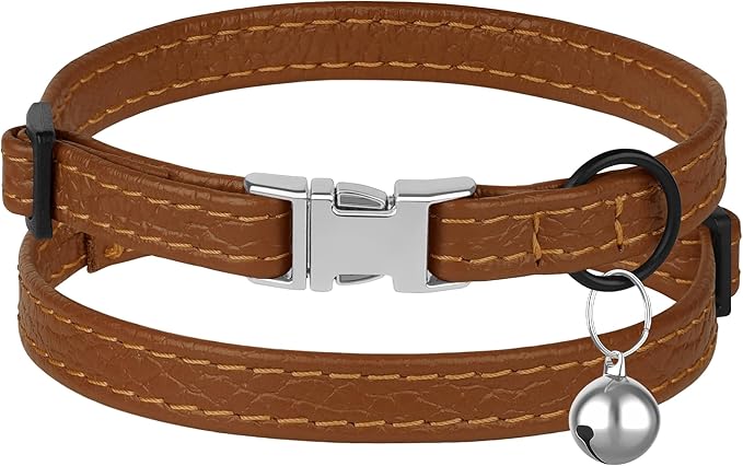 Leather Cat Collar with Buckle and Removable Bell - Non Breakaway Adjustable Soft Safety Small Pet Collars for Girl Boy Cats Kitten (Brown)