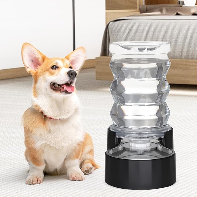 RIZZARI Dog Food Water Dispenser: 7L Automatic Black Large Stainless Steel Waterer with Filter - Gravity Water Feeder - Healthy Hydration for Pets Indoors Outdoors