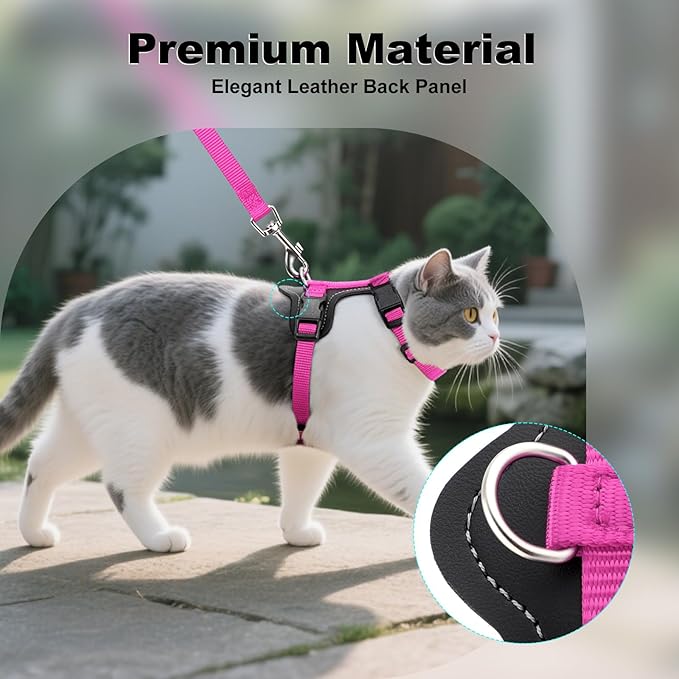 Plutus Pet Adjustable Cat Harness and Leash Set, Quick Release, Escape Proof Nylon Vest with Leather Trim for Kitten, Small Medium Large Cats, Hot Pink