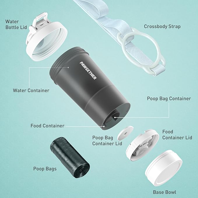 PAWGETHER® 4-in-1 Dog Water Bottle with Leak-Proof Portable Pet Water Bottle & Food Container & Poop Bag Dispenser & Built in Bowl for Outdoor Walking,Hiking,Travel(15oz for Water 5 oz for Food,Grey)