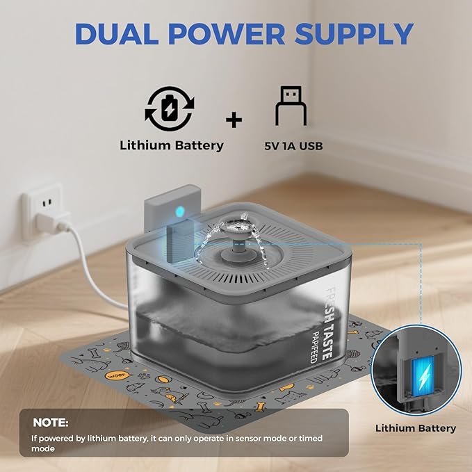 PAPIFEED Wireless Cat Water Fountain, 106oz/3L Battery Operated Pet Water Fountain Cordless for Cats Indoor, Automatic Cat Drinking Dispenser with Motion Sensor, Leak-Proof Silicone Pad Included Grey