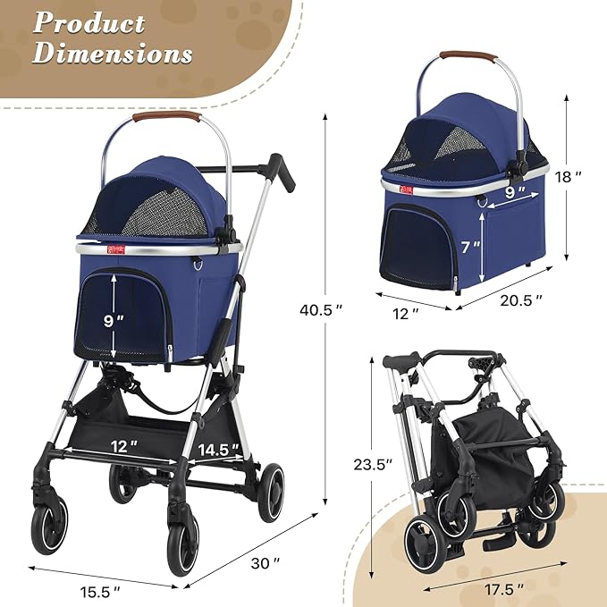 Athena collection Dog Stroller for Small/Medium Dogs,Foldable Pet Stroller with Detachable Carrier,Lightweight Cat Stroller up to 33lbs(Navy Blue)