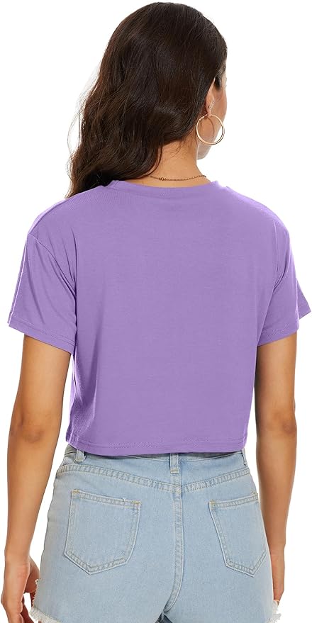 Womens Summer Crop Tops Short Sleeve Round Neck T-Shirts Loose Fit Casual Blouse