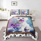 Erosebridal Cute Animal Bedding Set Twin White Dog Comforter Set, Kawaii Pet Bedding Comforters & Sets Cartoon Puppy Paws Duvet, Pink Purple Floral Flower Quilt Comforter Animal Theme Bedroom Decor