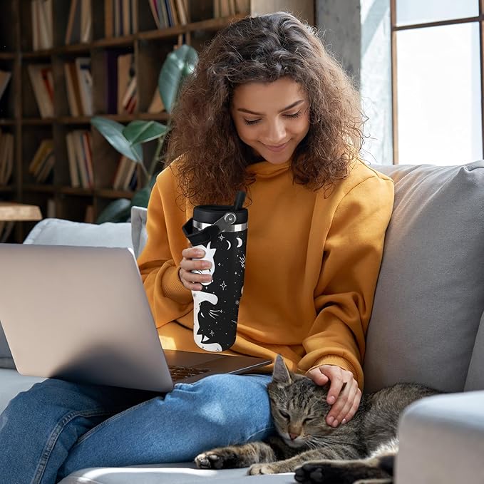 Cat Tumbler with Lid and Straw 30oz Stainless Steel Cute Water Bottle Cup Funny Cat Gifts for Women