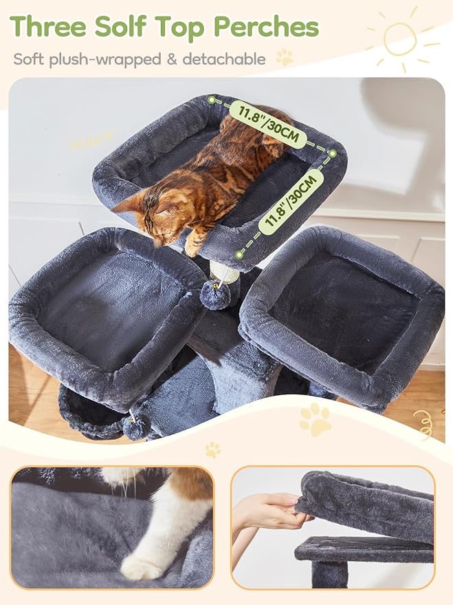 Taoqimiao 76-Inch Cat Tree with Scratching Posts,XXL Cat Tower for Large Cats with Cat Scratching Board,Extra-Large Metal Hammock,3 Perches, 2 Big Condos, Hanging Basket,MS047G,Smoke Gray