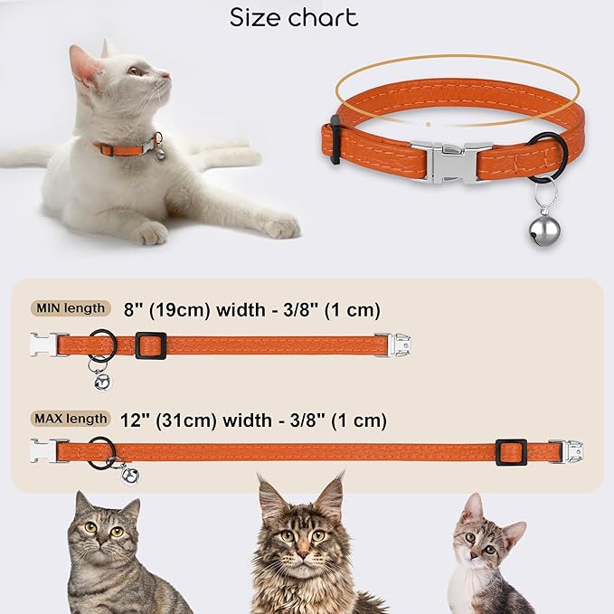 Leather Cat Collar with Buckle and Removable Bell - Non Breakaway Adjustable Soft Safety Small Pet Collars for Girl Boy Cats Kitten (Orange)