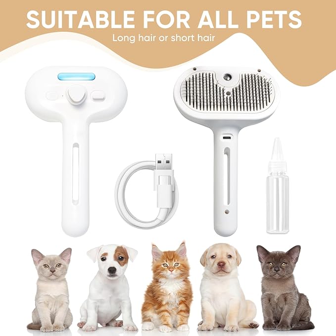 3-in-1 Cat Steam Brush – Pet Grooming & Shedding Comb with Gentle Steam Spray, One-Click Hair Release, Steam Pet Brush for Long & Short Hair Cats & Dogs (White)