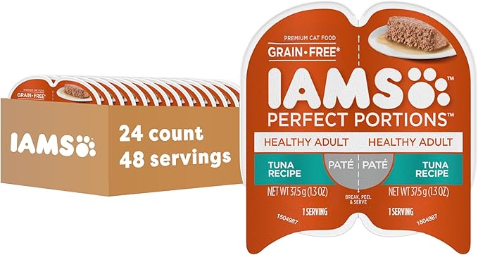 IAMS Perfect Portions Healthy Adult Grain Free Wet Cat Food Pate, Tuna Recipe, 2.6 oz. Easy Peel Twin-Pack Trays (24 Count, 48 Servings)