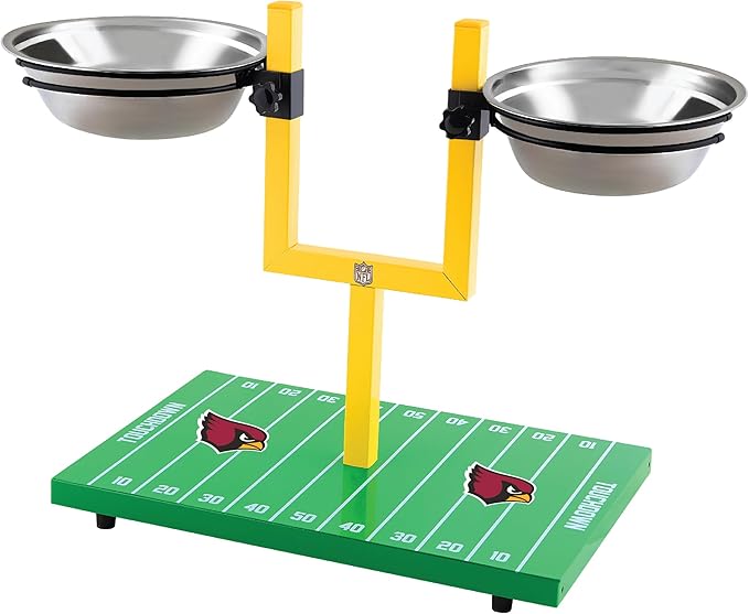 NFL Arizona Cardinals Goalpost Football Field Dog Feeder – Adjustable Elevated Dog Bowls with Stand, 2 Stainless Steel Bowls, Non-Slip Rubber Feet, Raised Pet Feeder for Large & Small Dogs, Cats.