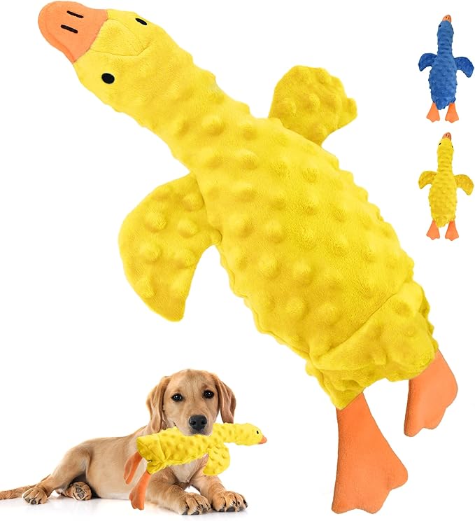 Squeaky Plush Dog Toy for All Breeds, Multifunctional Goose Dog Toy with Honking Sound, Crinkle Paper, Treat Pocket, Durable Soft Stuffed Animal for Chewing, Cuddling, Interactive Play (Yellow)