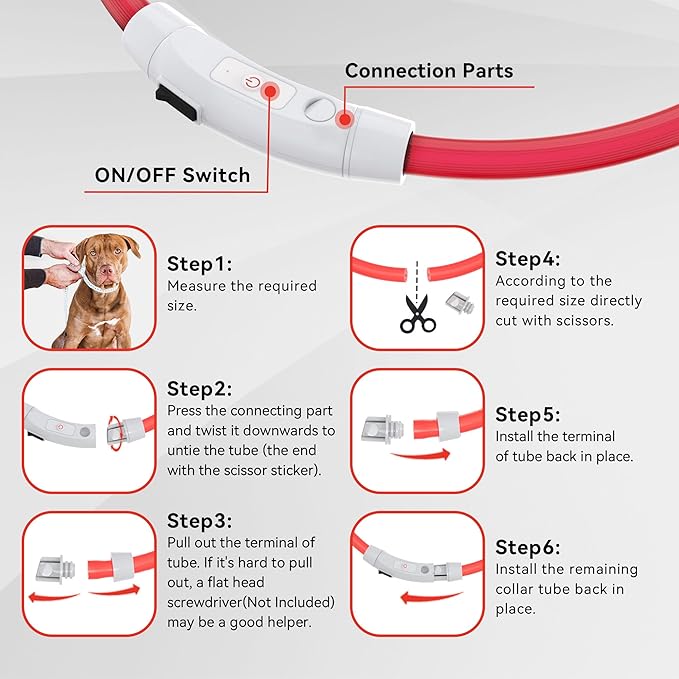 Light Up Led Dog Collar Rechargeable Waterproof, Glow in Dark Dog Collar, TPU Cuttable Lighted Dog Collars for Night Walking Charging USB, Safety for Small Medium Large Dogs Red