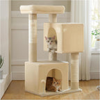 XL Cat Tree 44" Cat Tower for Large Cats 20 lbs+, 2 Spacious Caves with 3.4" Thickened Scratching Post, Large Top Perch, 2 Interactive Toys, Beige