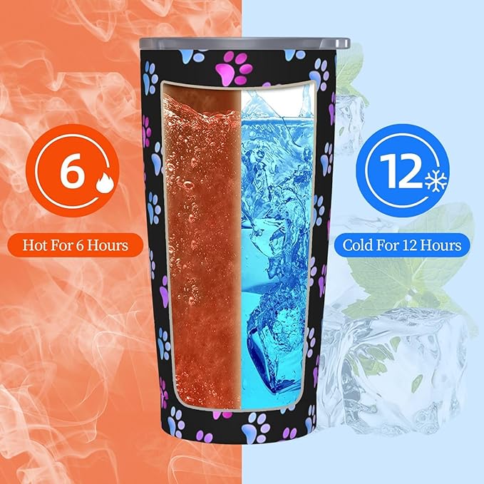 Paw Print Tumbler with Lid and Straw, Dog 20 Oz Stainless Steel Insulated Water Bottle Cup Coffee Mug