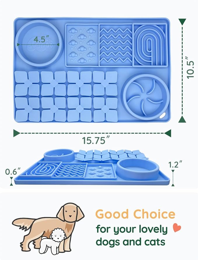 Slow Feeder Bowl for Dogs and Cats, Silicone Lick Mat & Snuffle Mat with Suction Cups - Interactive Puzzle Feeder, Slow Eating, Keep Busy and Reduce Vomiting (15.75" x 10.5" Light Blue)