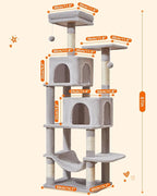 Taoqimiao Cat Tree, 61-Inch Cat Tower for Indoor Cats, Plush Multi-Level Cat Condo with 5 Scratching Posts, 2 Perches, 2 Caves, Hammock, 2 Pompoms, Light Gray MS013SW
