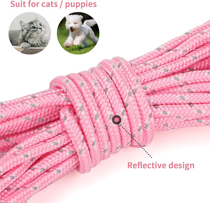Rypet Reflective Cat Long Leash 15 FT Escape Proof Walking Leads Yard Long Leashes Durable Safe Personalized Extender Leash Traning Play Outdoor for Kitten, Puppy, Rabbit and Small Animals(Pink-S)