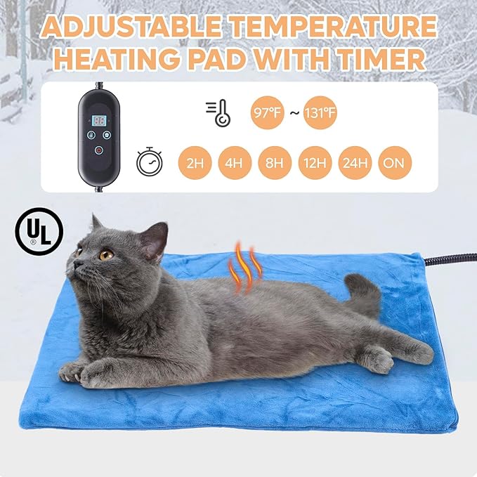 Large Heated Cat House for Outside, Insulated Weatherproof Outdoor Feral Cat House with Timer & Adjustable Temperature Heater Pad, Elevated Pet House with Escape Door for Winter, Barn, Porch